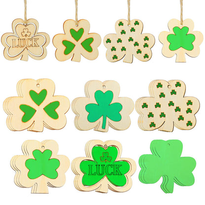 90 Pieces Shamrock Wooden Ornaments St. Patrick's Day Unfinished Wooden Ornaments Clover Shape Wood Cutouts Wood Embellishments with 90 Pieces Twines