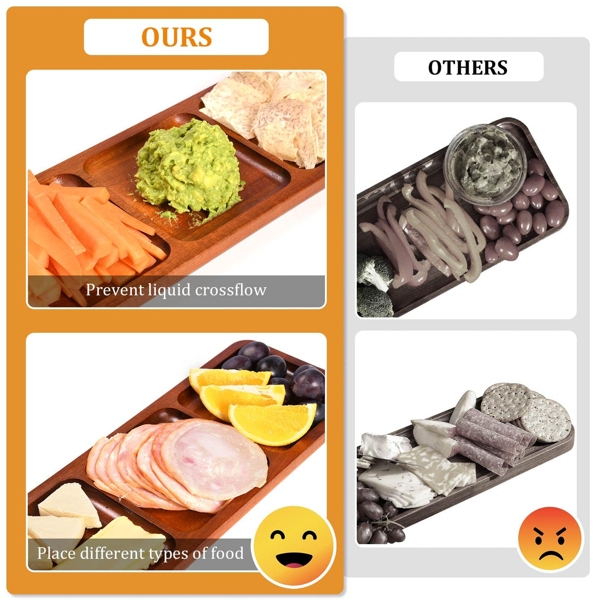 Lorbro Acacia Wood Serving Tray, 14" x 5.5" Wooden Serving Platter, 3 Section Rectangular Wooden Trays for Food, Cheese, Snacks, Fruit, Appetizer, Lorbro