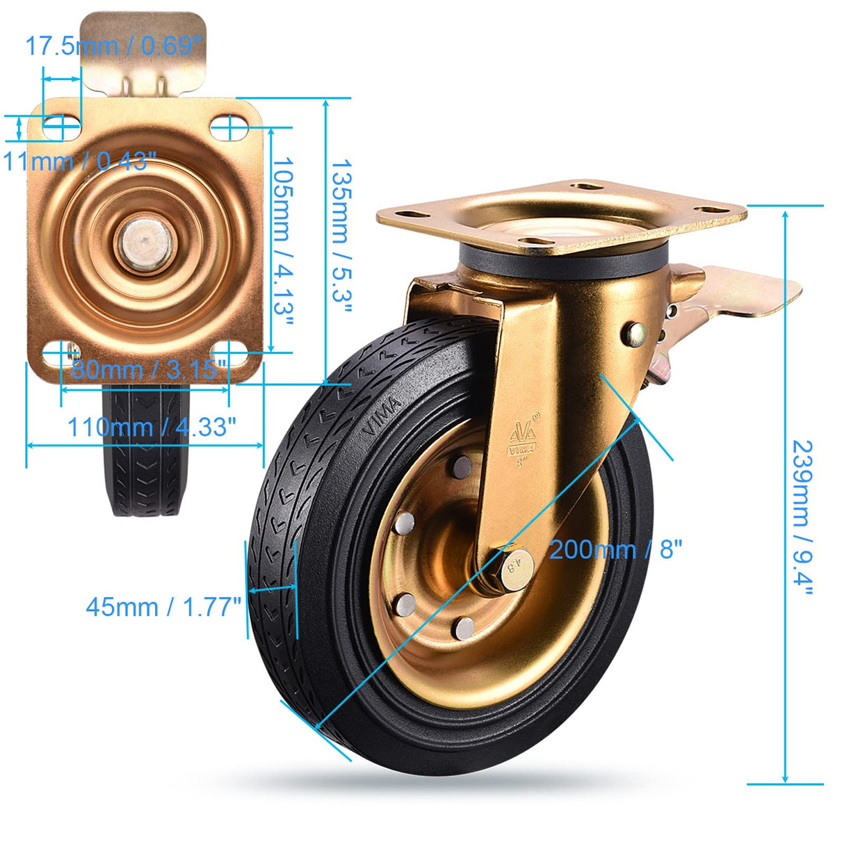 8" Casters Set of 4 Heavy Duty Plate Casters with Dual Locking 8 Inch Swivel Industrial Rubber Wheels for Workbench Cart Outdoor Dolly Castors VM VIMA