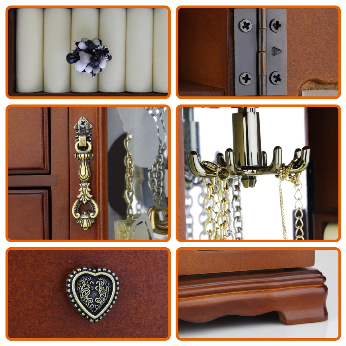 RR ROUND RICH DESIGN Solid Wooden Jewelry Box Makeup and Organizer Women Ring Storage with 4-Drawers Built-in Necklace Carousel and Mirror Brown RR ROUND RICH DESIGN