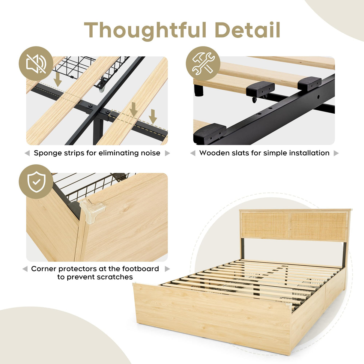 Natural Rattan Queen Bed Frame with 4 Storage Drawers and Sturdy Steel Support XIAO WEI