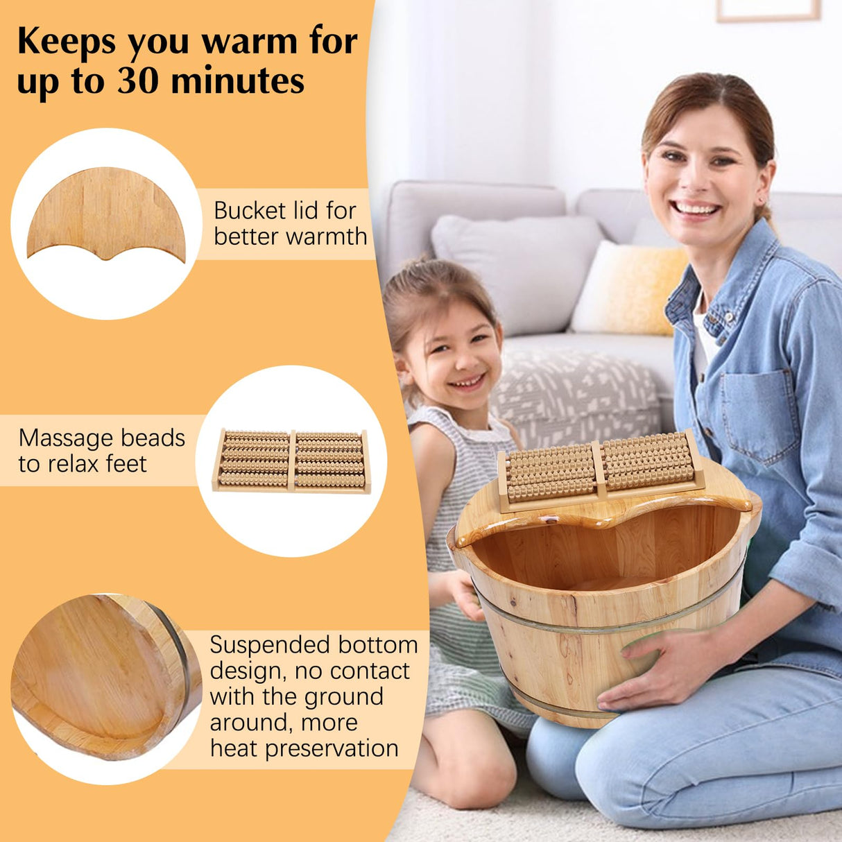 Kaichenyt Wooden Foot Basin, Solid Cedar Wood Foot Tub with Cover Plate, Wooden Bucket Foot Bath with Massage, Pedicure Barrel for Foot Bath, Soak, Kaichenyt