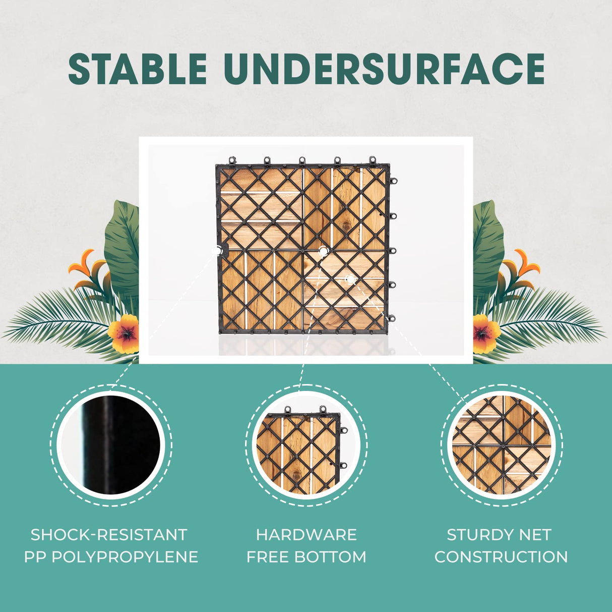 Idzo Interlocking Deck Tiles - 10PCS Waterproof Acacia Wood Patio Tiles, Flooring Tiles for Both Indoor and Outdoor - Decking Checker Pattern, 12 x IDZO