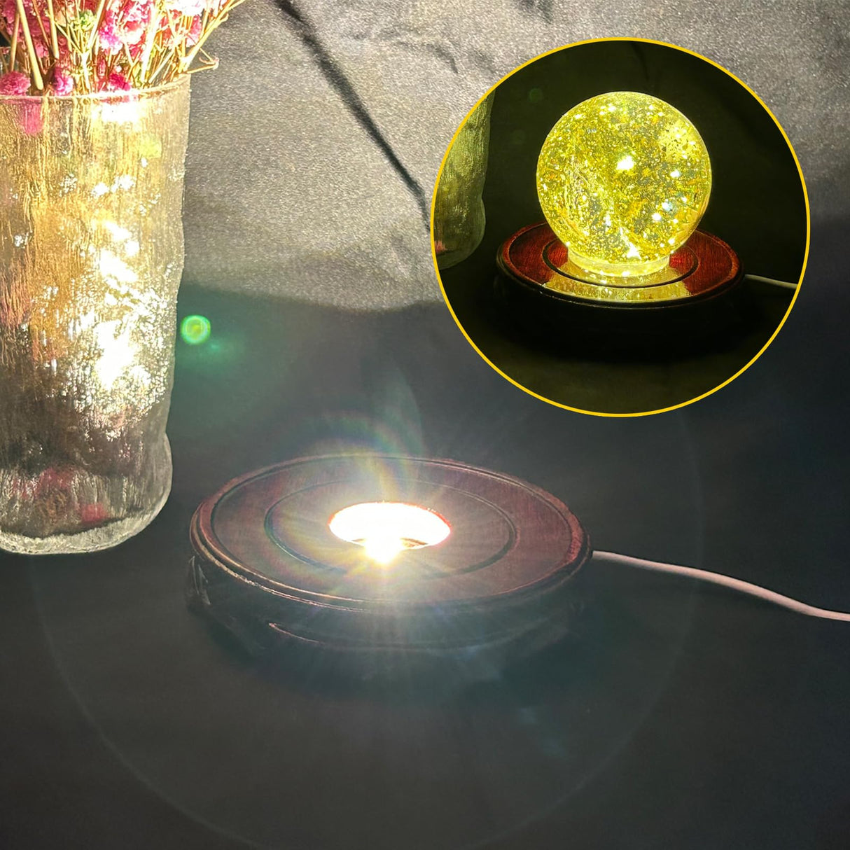 Voaesdk Root Carving Wooden Light Display Base 4.5 Inch Round Wood LED Lighted Stand Base Crystal Display Pedestal for 3D Crystal Figurine Glass Voaesdk