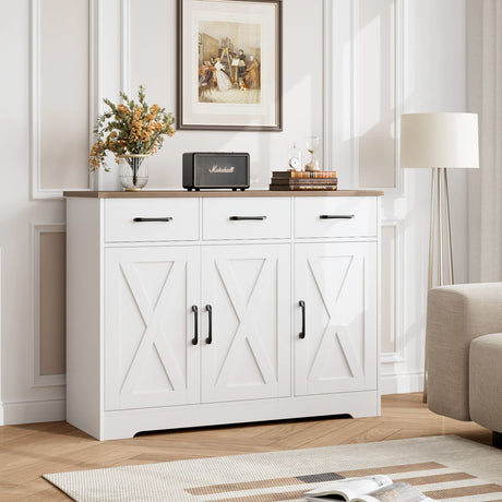 HOSTACK Modern Farmhouse Sideboard Buffet Cabinet, Barn Doors Buffet Storage Cabinet with Drawers and Shelves, Wood Coffee Bar Cabinet with Storage HOSTACK