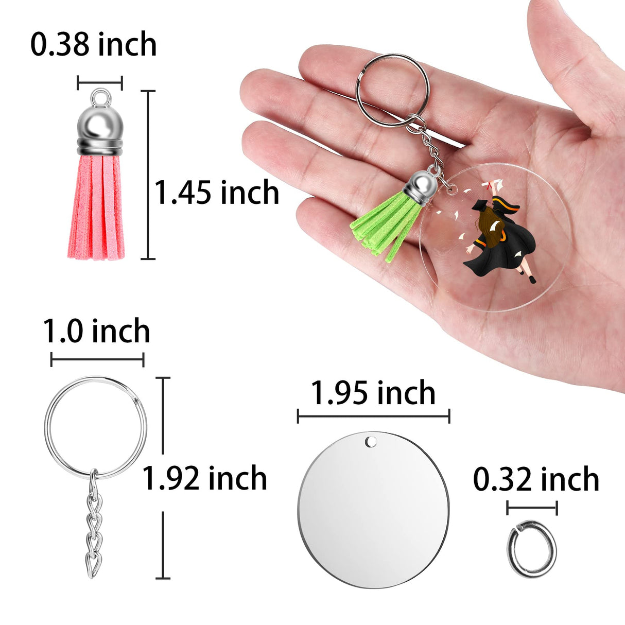 120 pcs Acrylic Keychain Blank with Key Rings: Tassels Key Chain for Craft,Bulk Keychain Rings,Key Chain Kit For Girls, Silver Lganze