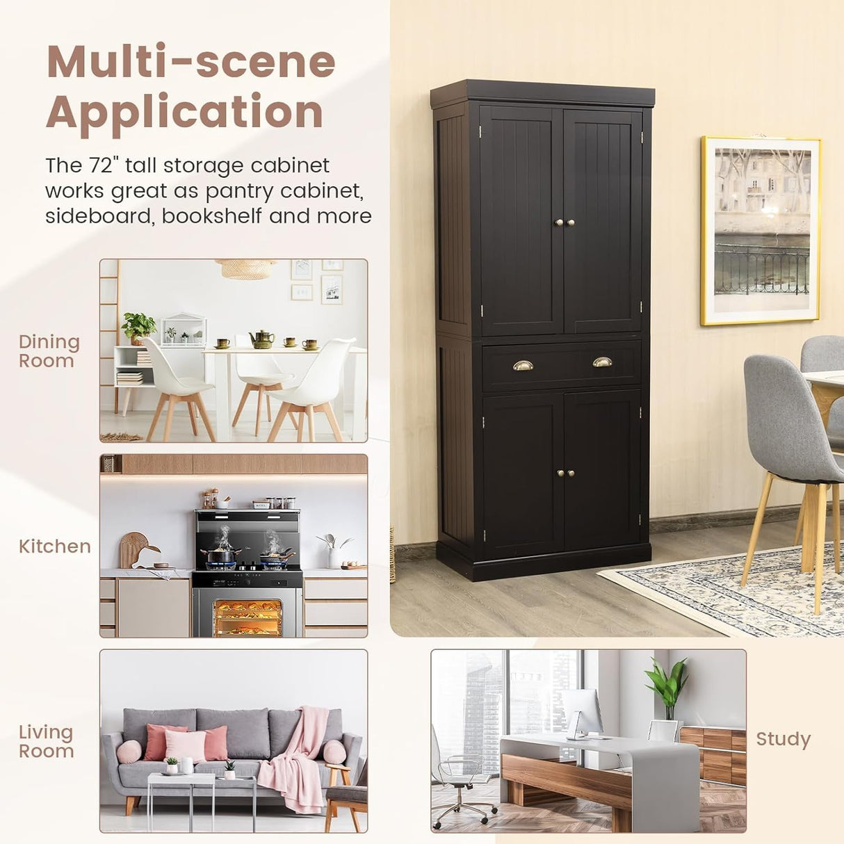 DORTALA 72” Tall Kitchen Pantry Cabinet, Wood Storage Cupboard w/ 4 Adjustable Shelves, 2 Cabinets & Drawer, Utility Freestanding Storage Cabinet for DORTALA