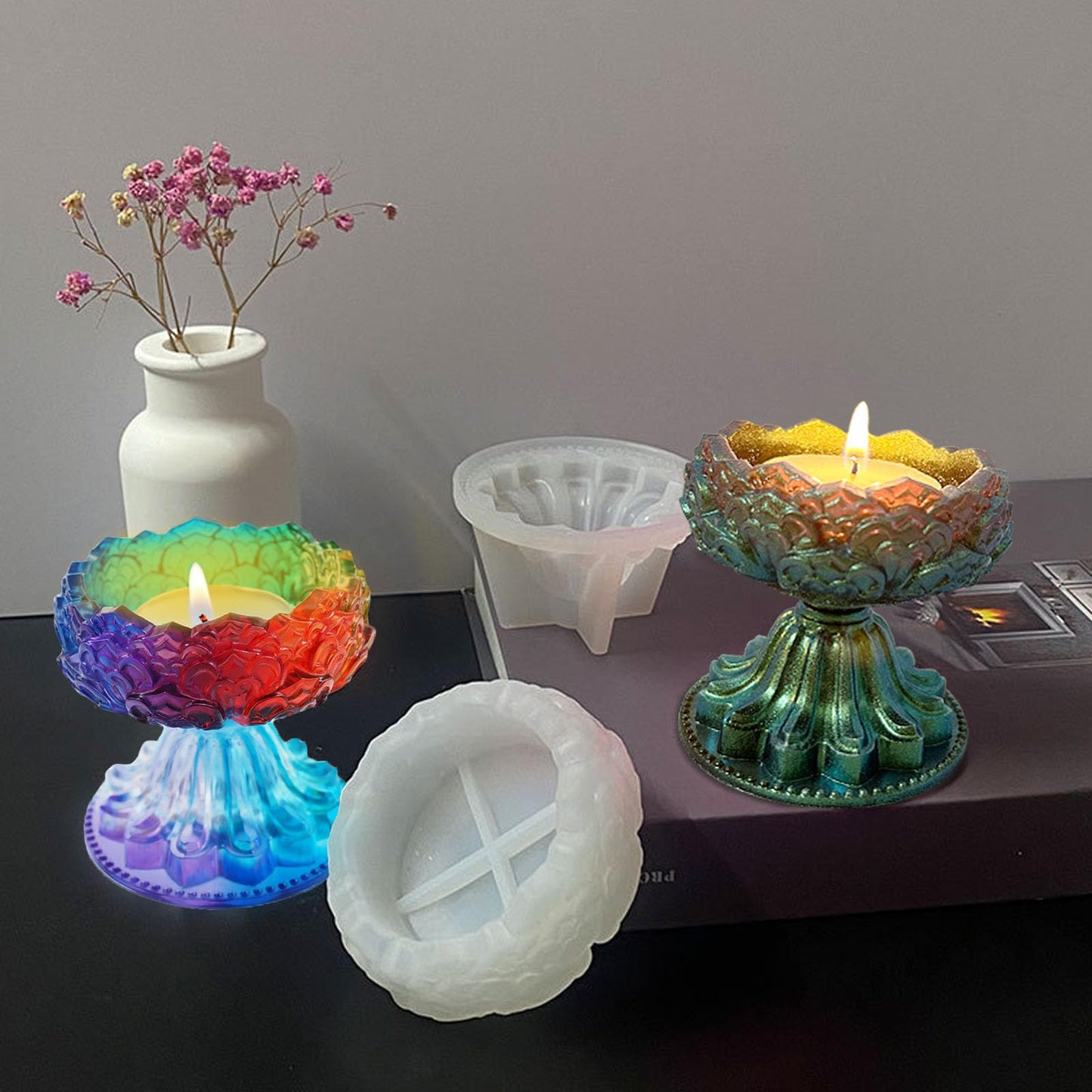 Voaesdk 2 Sets Tealight Candle Holder Resin Molds, Lotus Tea Light Candleholders Silicone Molds for Resin, Flower Votive Candlestick Epoxy Casting - WoodArtSupply