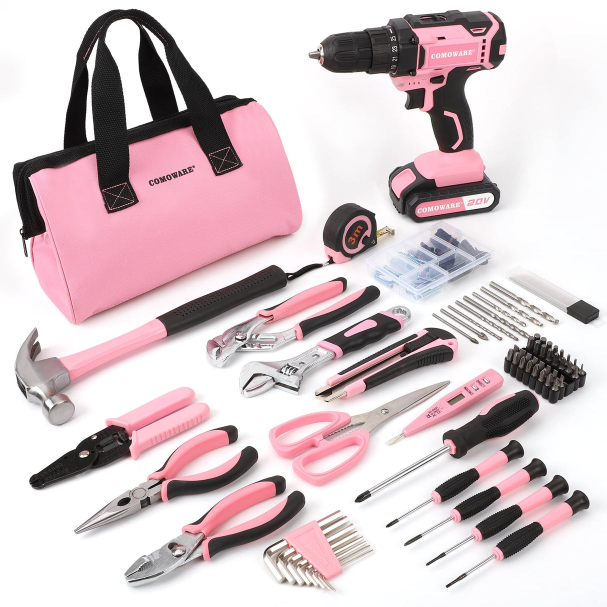 COMOWARE 169Pcs Home Tool Kit with Drill, Pink Drill Set for Women, Lady's Home Repairing Tool Kit with 20V Power Drill, with a Large-Capacity Tool COMOWARE