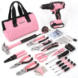 COMOWARE 169Pcs Home Tool Kit with Drill, Pink Drill Set for Women, Lady's Home Repairing Tool Kit with 20V Power Drill, with a Large-Capacity Tool COMOWARE