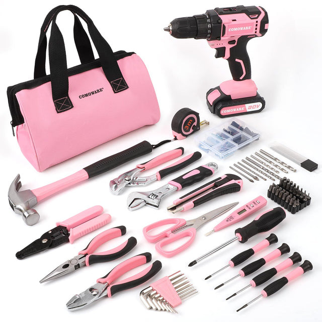 COMOWARE 169Pcs Home Tool Kit with Drill, Pink Drill Set for Women, Lady's Home Repairing Tool Kit with 20V Power Drill, with a Large-Capacity Tool COMOWARE