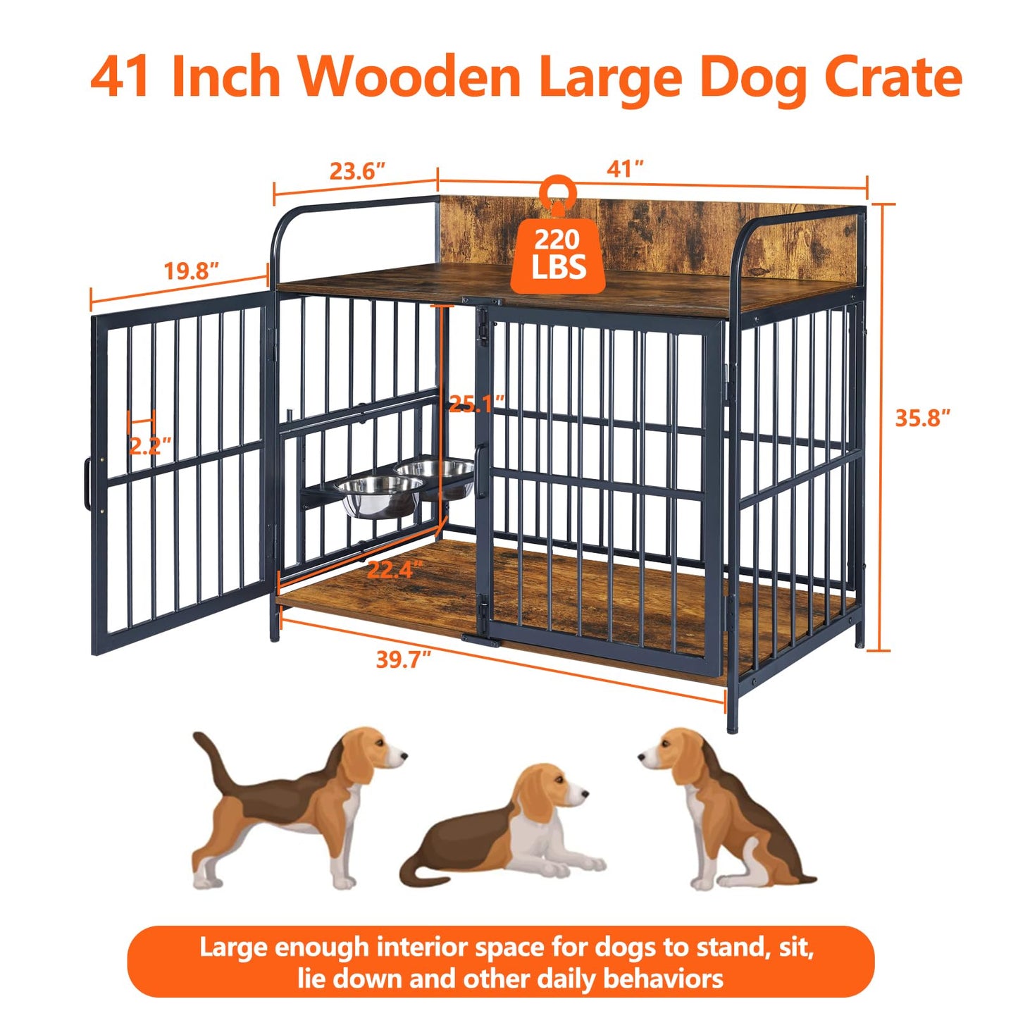 SEPTBOT Large Dog Kennel Indoor Furniture, 41 Inch Large Dog Crate with 360° Adjustable Feeder-2 Stainless Steel Bowls, Wooden Dog Cage Table for - WoodArtSupply