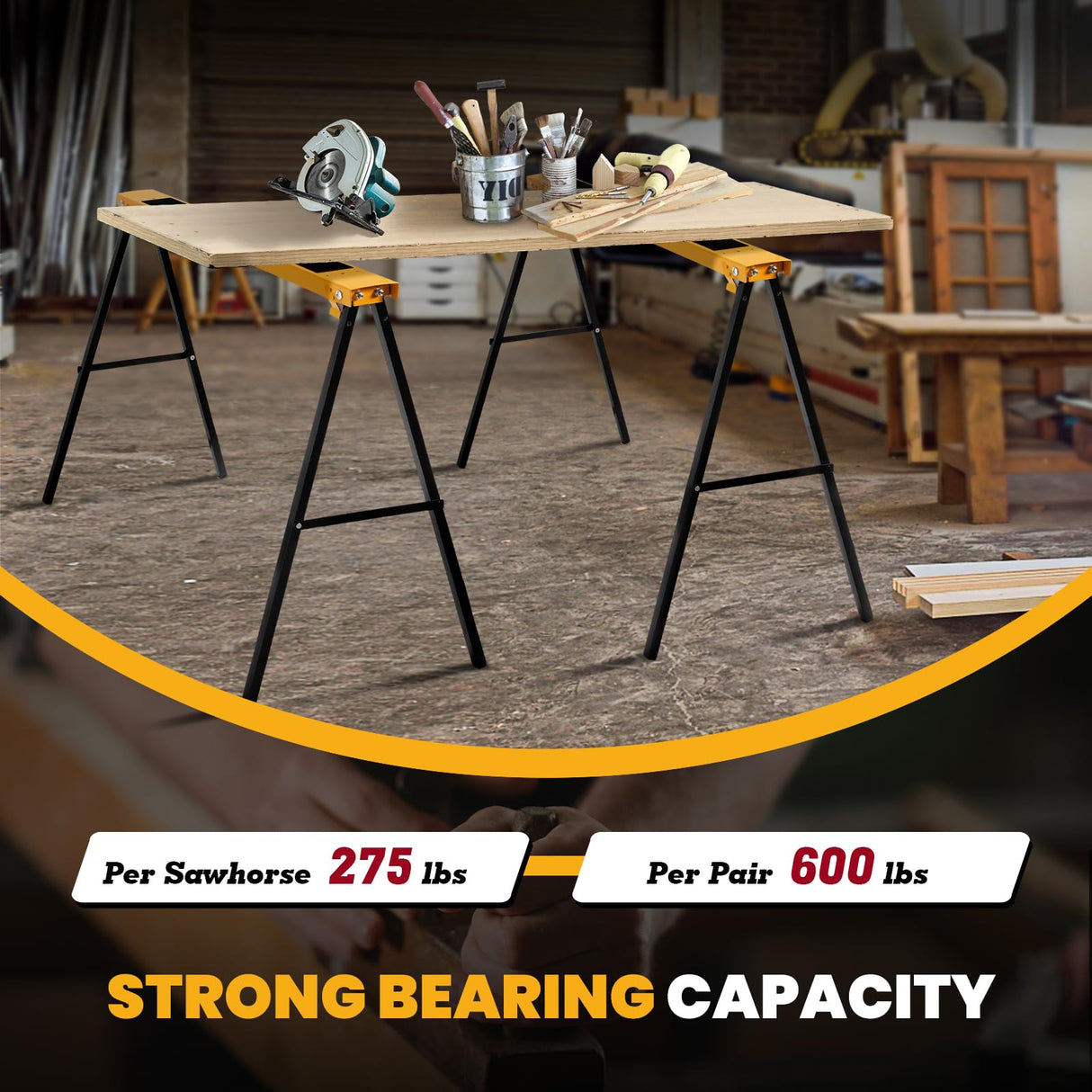 Goplus Saw Horses 2 Pack Folding, Portable Sawhorse with Fast Open Legs, Convenient Handle. Heavy Duty Steel Sawhorse for Woodworking, Carpenters, Goplus