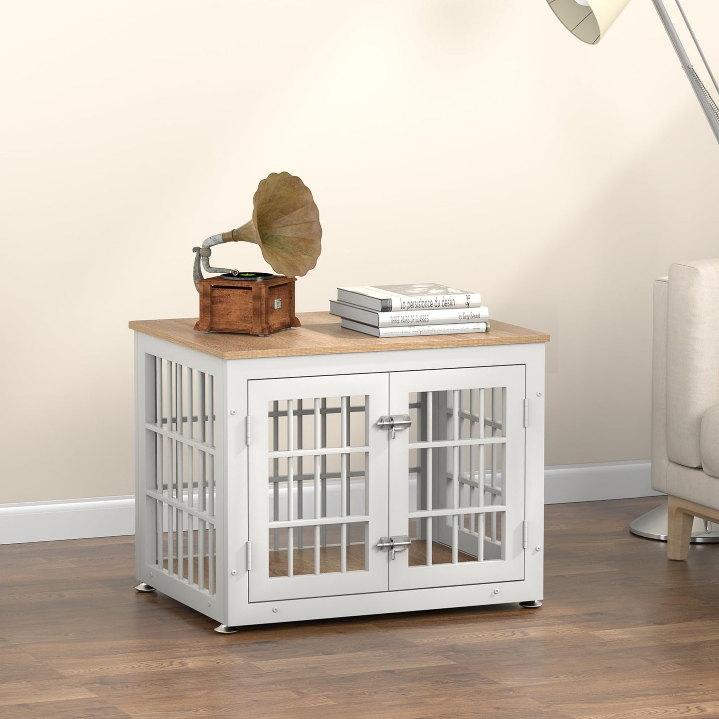 rehomerance Heavy Duty Dog Crate Furniture for Small Dogs, Decorative Pet House End Table, Wooden Cage Kennel Furniture Indoor, White and Natural - WoodArtSupply