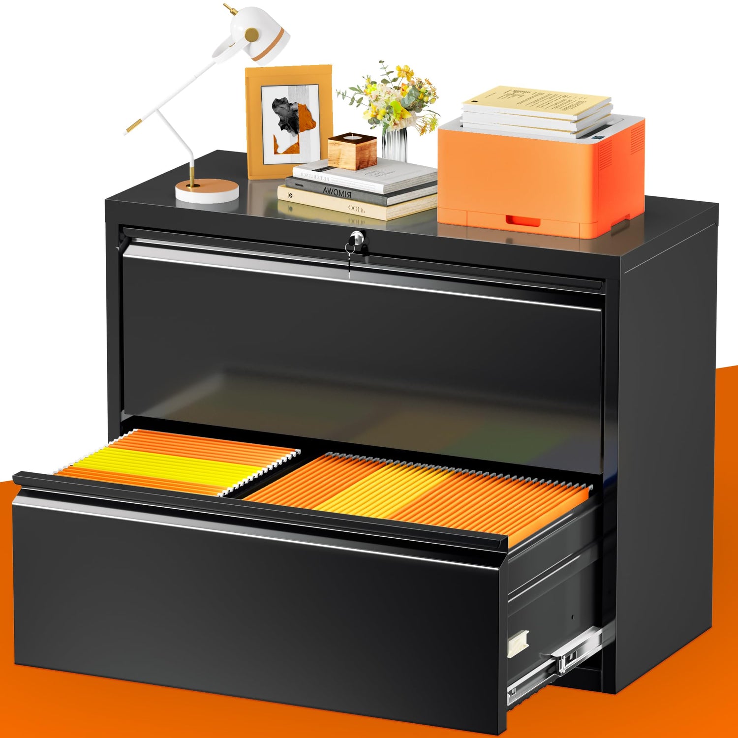 INTERGREAT File Cabinet 2 Drawers, Metal Lateral Filing Cabinet with Lock for Home Office, Locking Horizontal File Cabinet for Hanging Files INTERGREAT