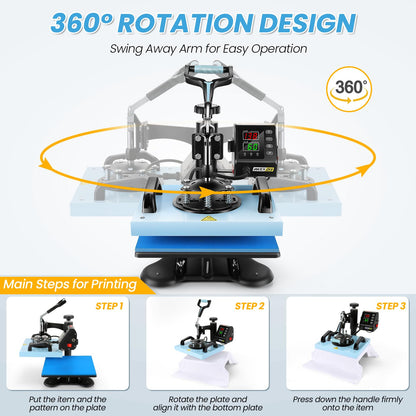 AKEYDIY Upgraded Heat Press Machine for T Shirts 12x10Inch Multifunction Shirt Press Machine 360° Swing Away Sublimation Heat Press Digital Heat