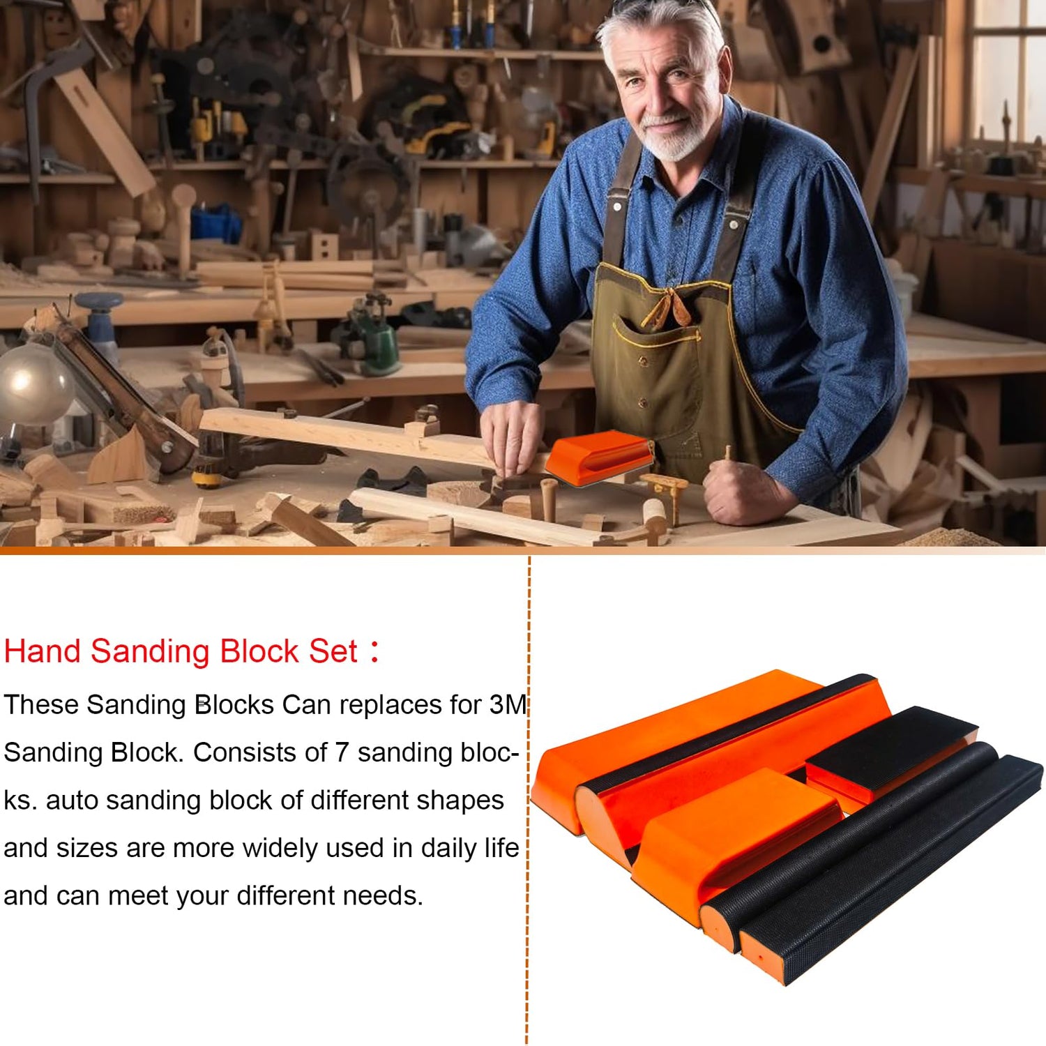 Tonmp 7 Piece Orange Hand Sanding Block Set, Rectangle Handheld Sanding Pad, Hook and Loop Interchangeable Assorted Shapes for Sanding or Polishing Tonmp