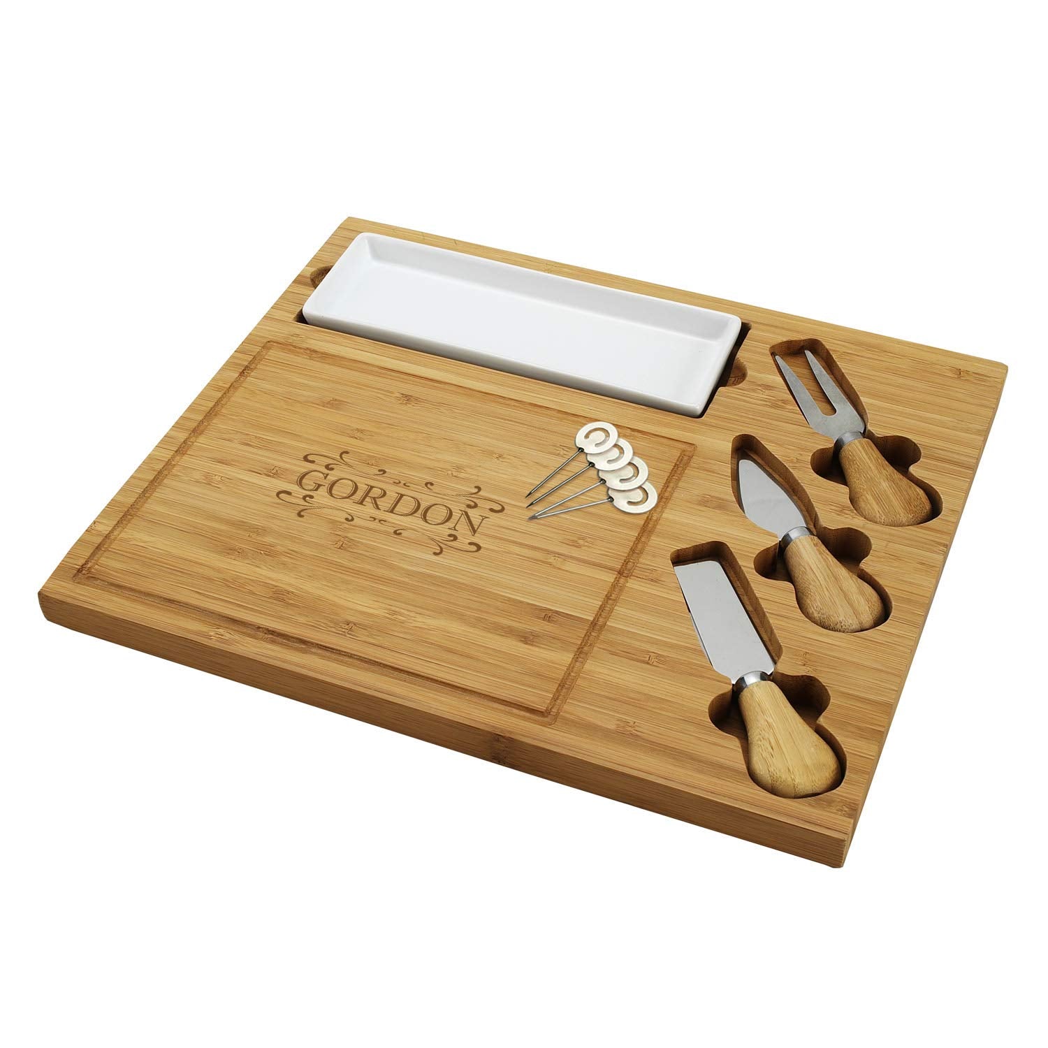 Picnic at Ascot Custom Personalized Engraved Bamboo Cutting Board for Cheese & Charcuterie with Ceramic Dish, Knife Set & Cheese Markers USA Picnic at Ascot
