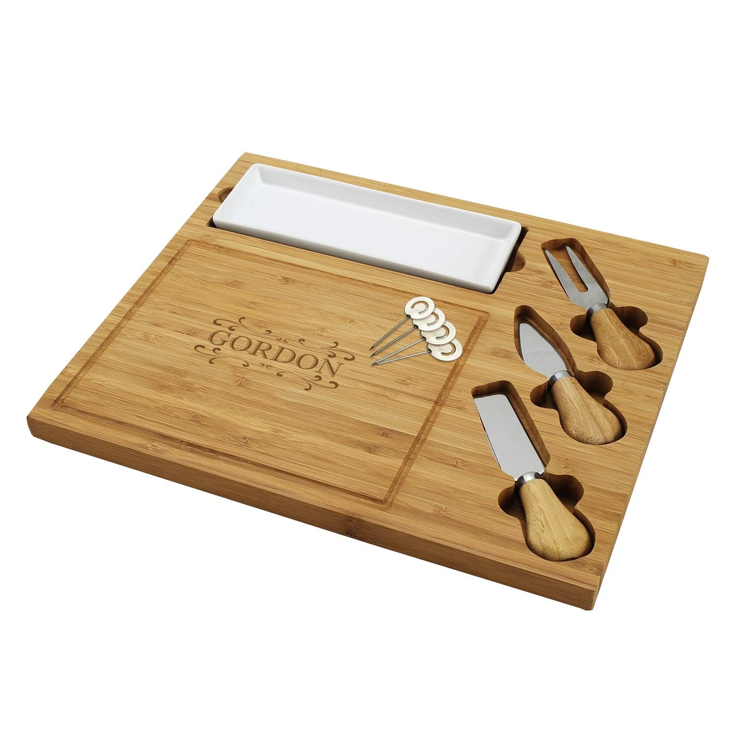 Picnic at Ascot Custom Personalized Engraved Bamboo Cutting Board for Cheese & Charcuterie with Ceramic Dish, Knife Set & Cheese Markers USA - WoodArtSupply