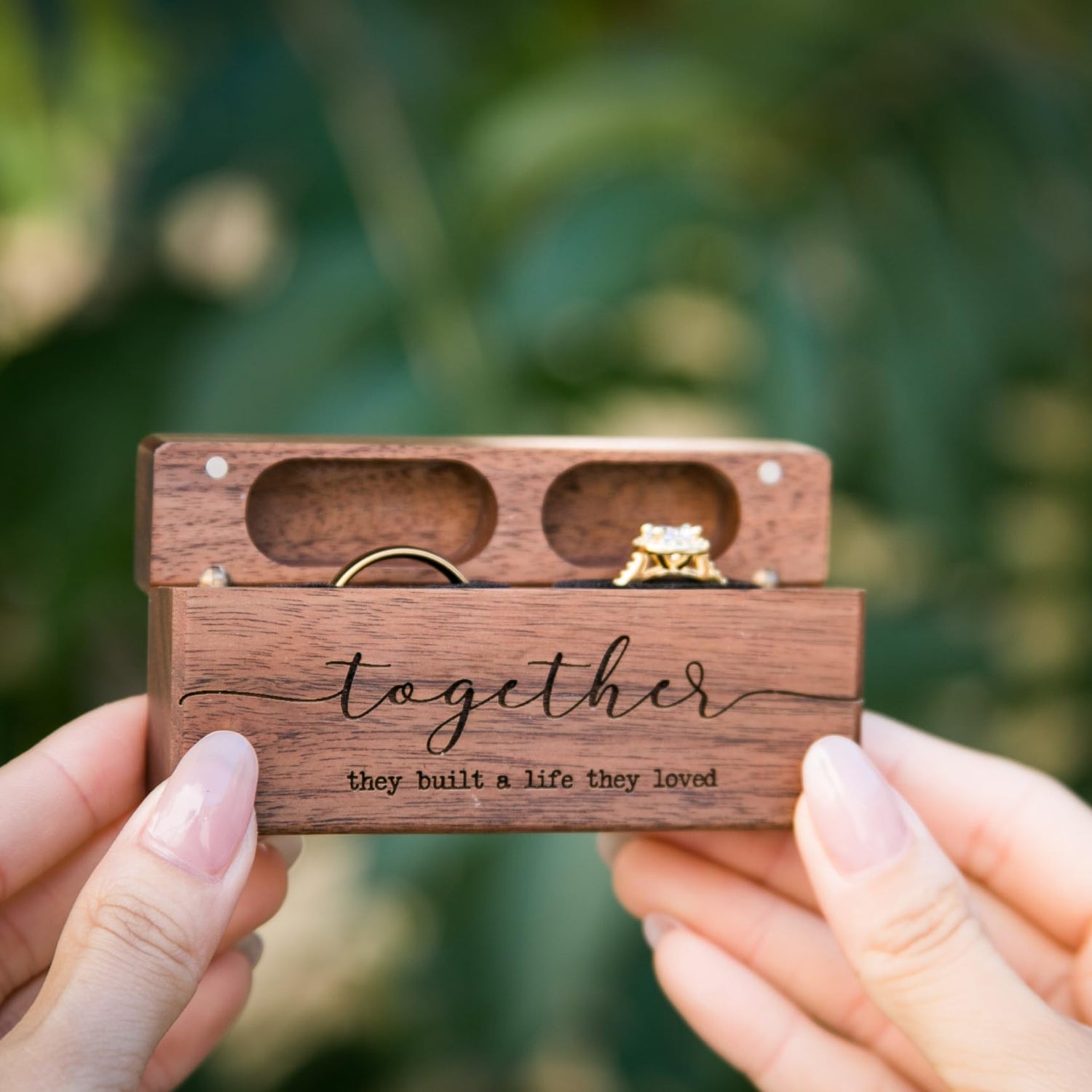 MUUJEE Together Double Ring Box - Engraved Slim Wooden Ring Case Box for Wedding Ceremony Engagement Proposal Ring Bearer Box - Anniversary Birthday MUUJEE