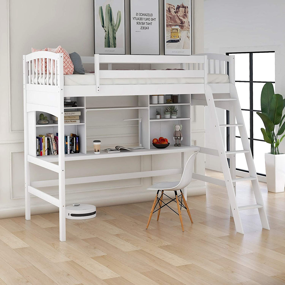 Merax Twin Loft Bed with Desk and Shelves - Solid Wood Frame in Gray Merax