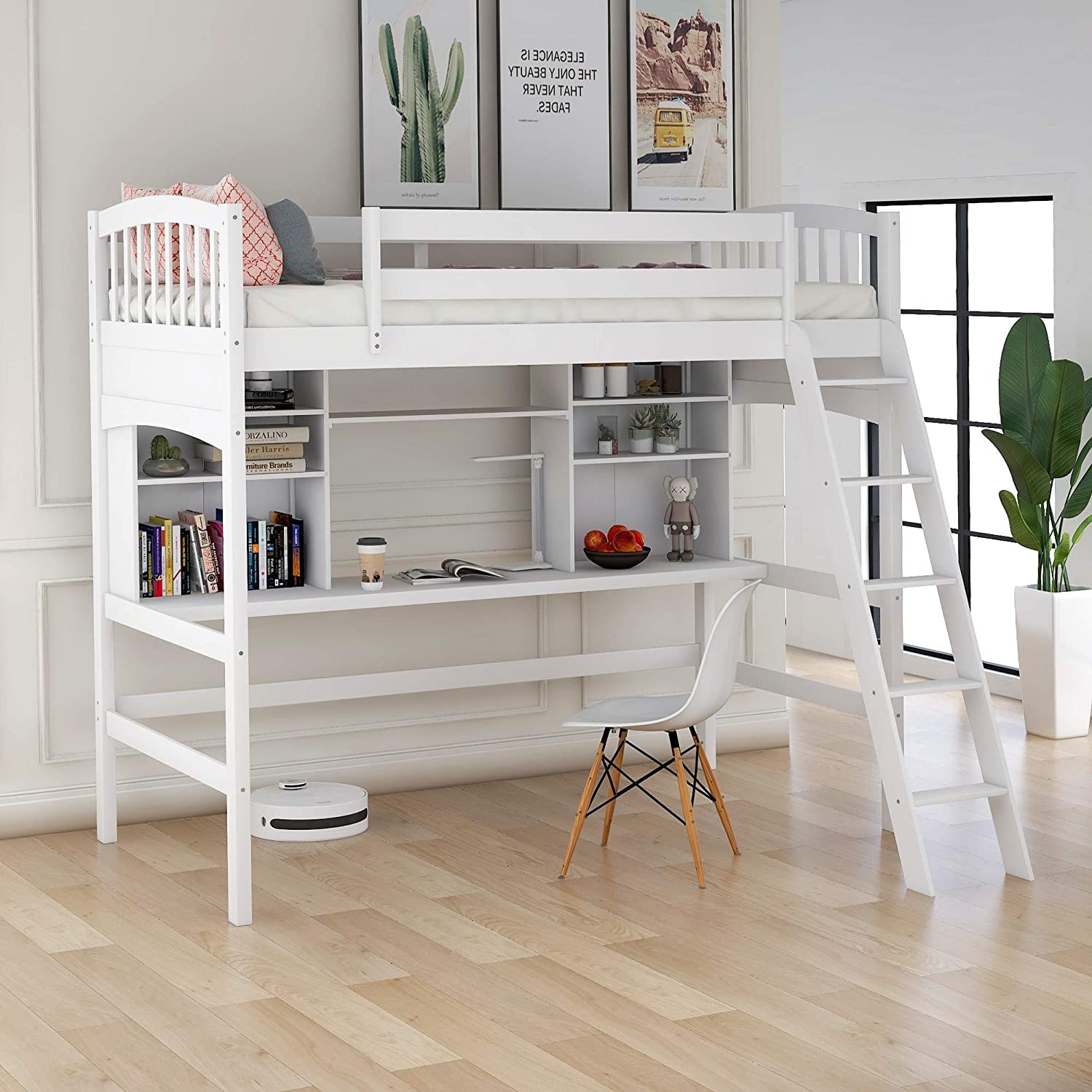 Merax Twin Loft Bed with Desk and Shelves - Solid Wood Frame in Gray - WoodArtSupply