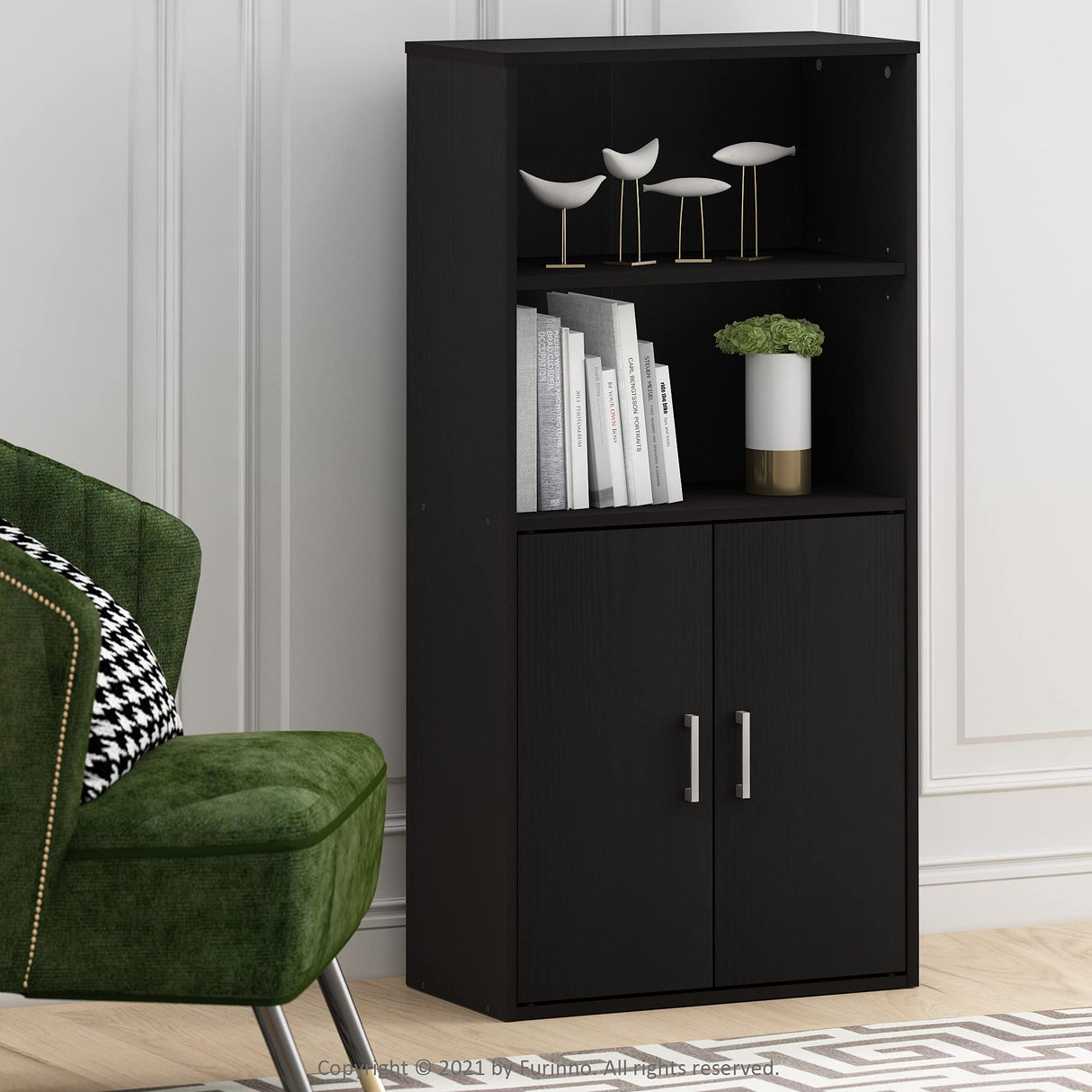 Furinno Pasir Storage Cabinet with 2 Open Shelves and 2 Doors, Black Oak Furinno