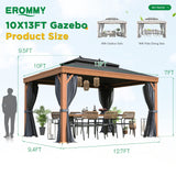 EROMMY 10'x13' Hardtop Gazebo Outdoor Aluminum Wood Grain Gazebos with Galvanized Steel Roof and Mosquito Net for Patios, Deck, Backyard, Curtains & EROMMY