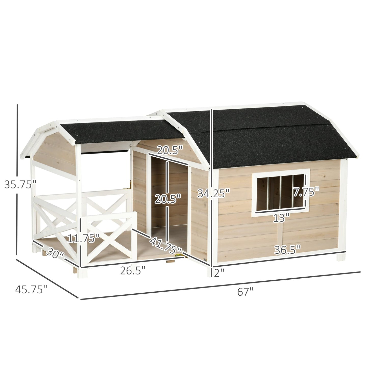 PawHut Wooden Dog House Outdoor with Porch, Raised Pet Kennel for Medium Large Dogs, with Asphalt Roof, Front Door, Side Windows, Gray - WoodArtSupply