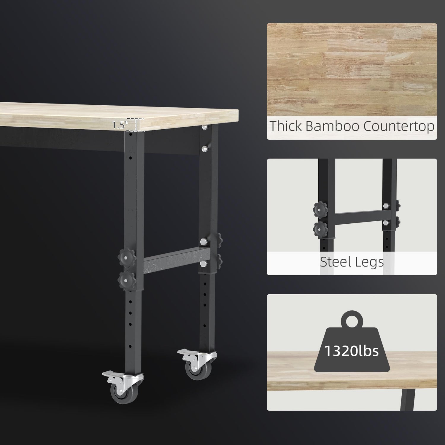 HOMCOM 47" Work Bench with Height Adjustable Legs, Bamboo Tabletop Workstation Tool Table on Wheels for Garage, Weight Capacity 1320 Lbs, HOMCOM