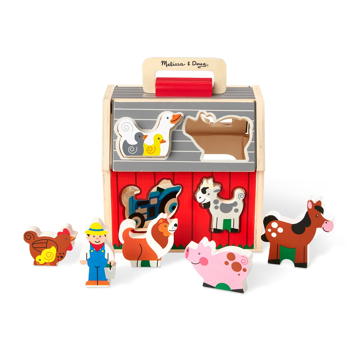 Melissa & Doug Wooden Take-Along Sorting Barn Toy with Flip-Up Roof and Handle, 10 Wooden Farm Play Pieces - Farm Toys, Shape Sorting And Stacking Melissa & Doug