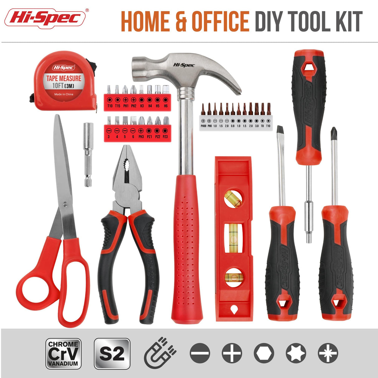 Hi-Spec 42pc Red Household DIY Small Tool Kit. Tool Box Set of Starter Basic Tools Kit for Home & Office Hi-Spec