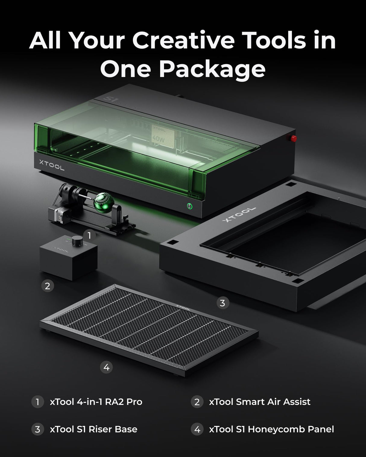 xTool S1 All-in-one Enclosed Laser Cutter and Engraver Machine with Rotary for Tumblers, 40W Laser Power, 419*319mm 600mm/s Batch Process, Laser xTool
