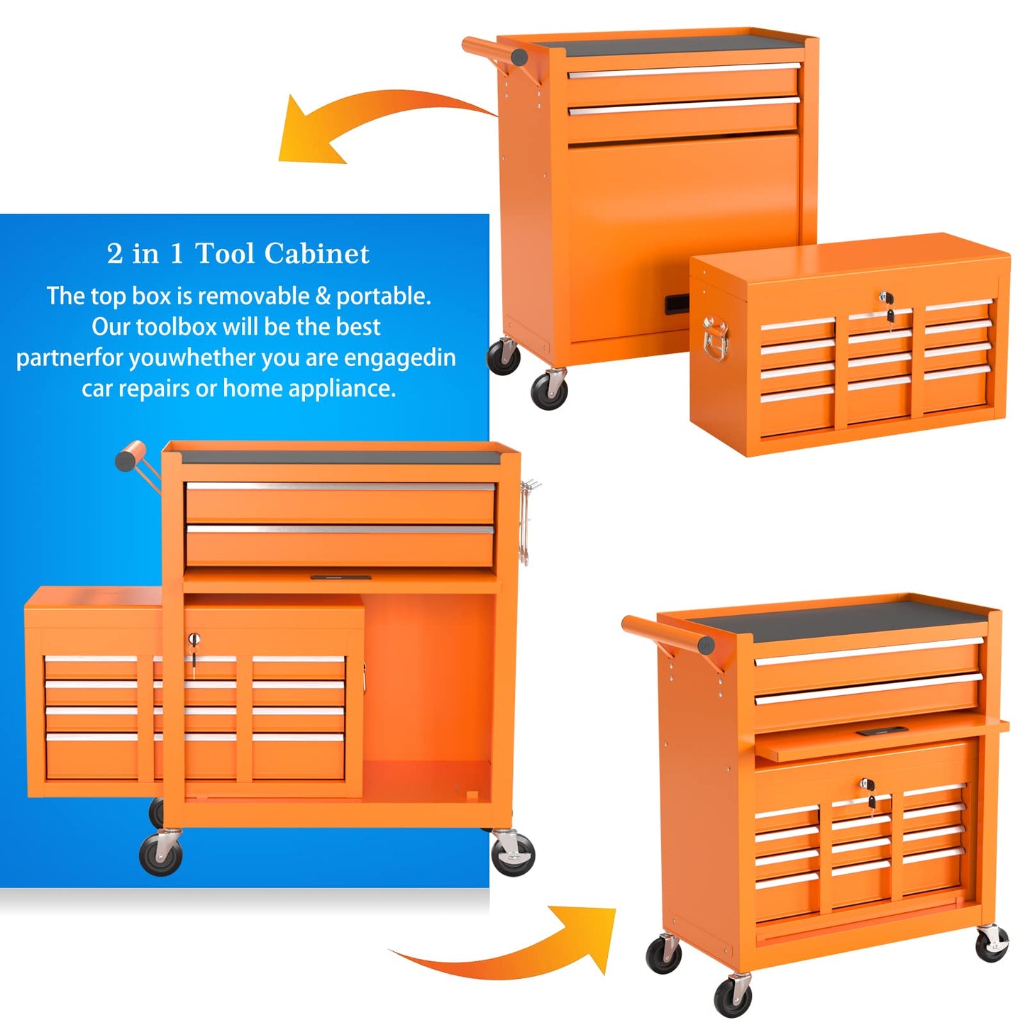 High Capacity Tool Chest Tool Box, Rolling Tool Chest with 8 Drawers, Portable Top Box with Lock, Garage Tool Storage Cabinet with Wheels, Keyed