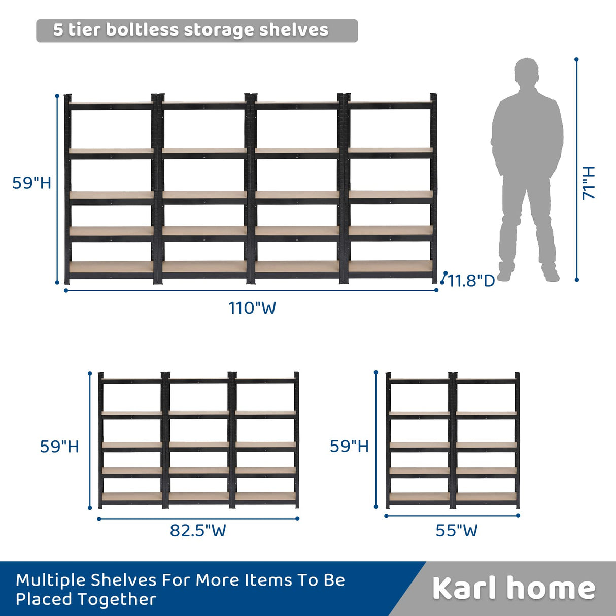 Karl home Garage Shelving Heavy-Duty, 5-Tiers Wide Size Adjustable Metal Shelving Unit Utility Rack Organization for Garage Pantry Basement, Karl home