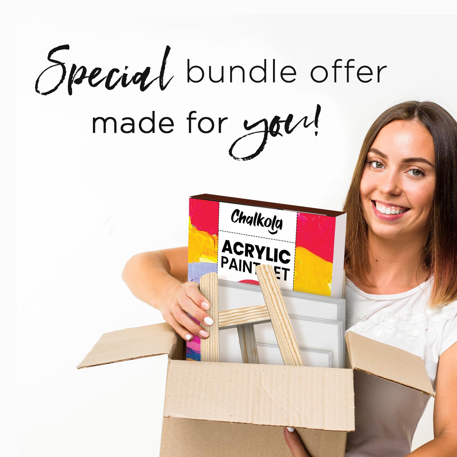 Chalkola Acrylic Paint Set for Adults & Kids - 56 Pcs Canvas Painting Kit with 32 Paints (22ml), 10 Brushes, 10 Canvases, Tabletop Easel, Palette, Chalkola