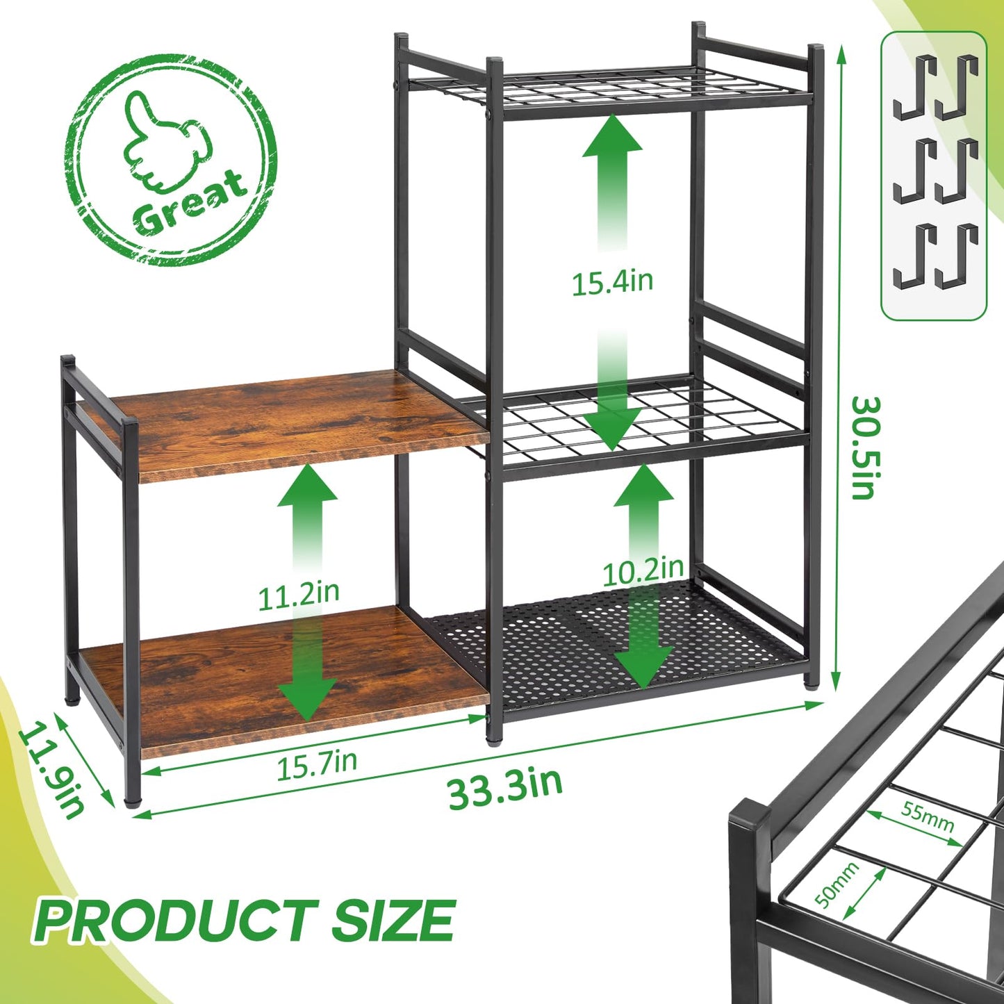 DAOUTIME Garage Tool Organizer with 2-tier Wooden Shelves, Yard Tool Organizer for Garage with 6 Hooks, Heavy duty Steel Garden Tool Rack Holds up to - WoodArtSupply