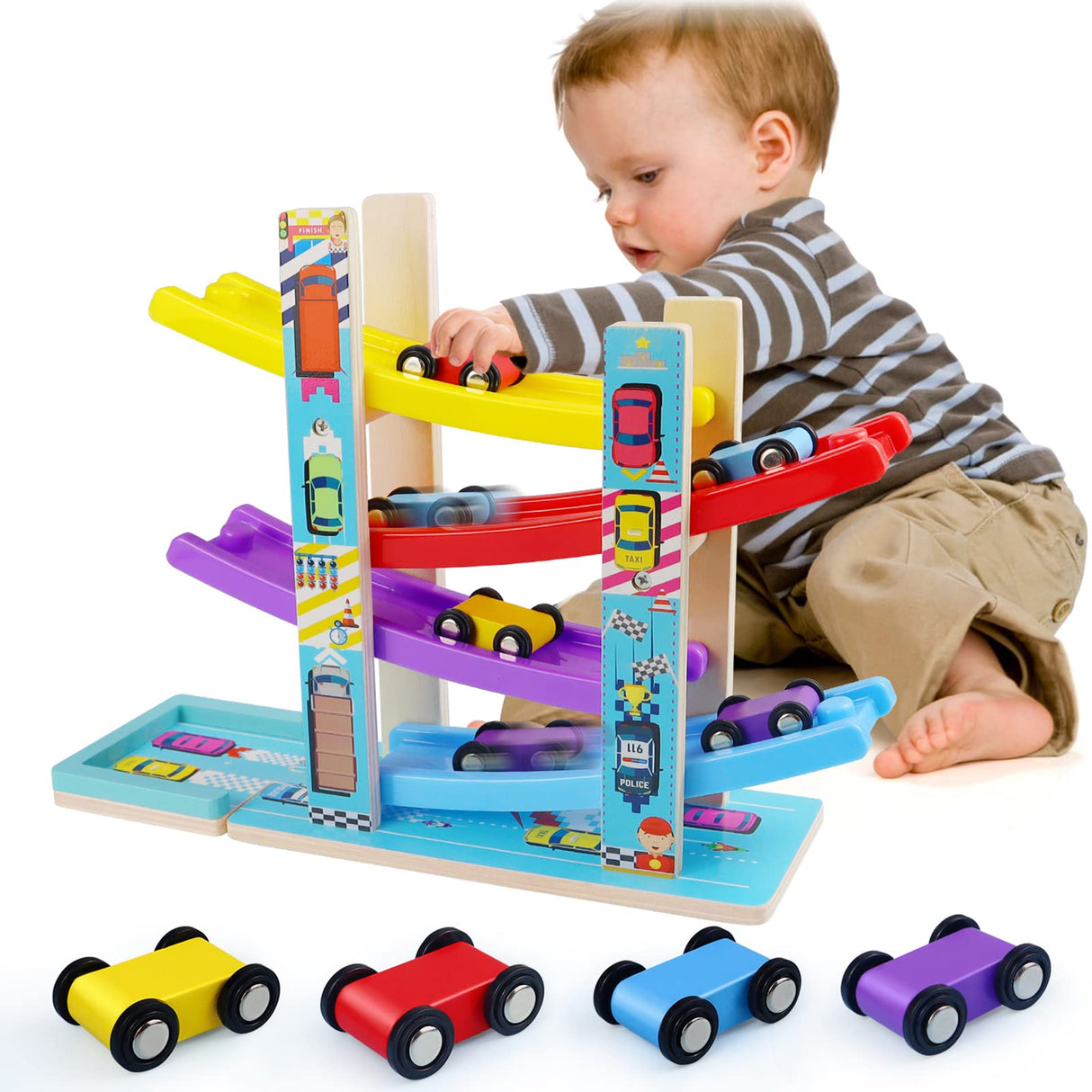 Montessori Toys for Toddlers, Children Race Track Toy with 4 Cars and 1 Wooden Parking Lot, Stable Base, Car Ramp Toy for 2 3 Year Old Boy Girl Gifts Heirio