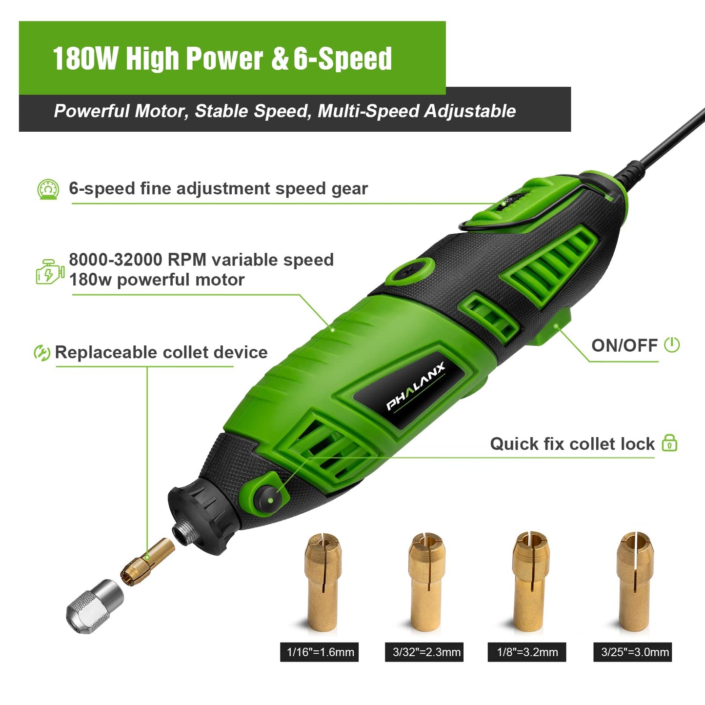 180W Rotary Tool Kit, 1.5-Amp PHALANX 6 Variable Speed with Flex Shaft, 8000-32000RPM Multi-Tool& 139pcs Accessories Kit, Power Multiuse Set Prefect - WoodArtSupply