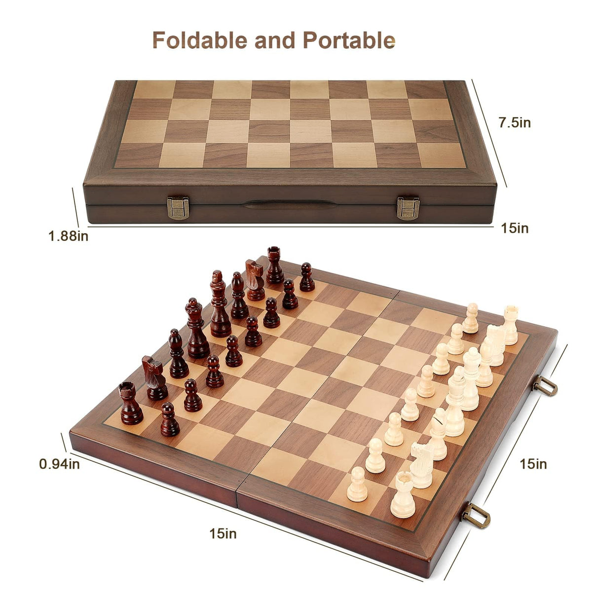 Magnetic Wooden Chess Board Set with Manual for Adults Kids 15 Inch Chess Puzzle with Handmade Pieces, Folding Portable Travel Unique Chess Game for Hurdaos