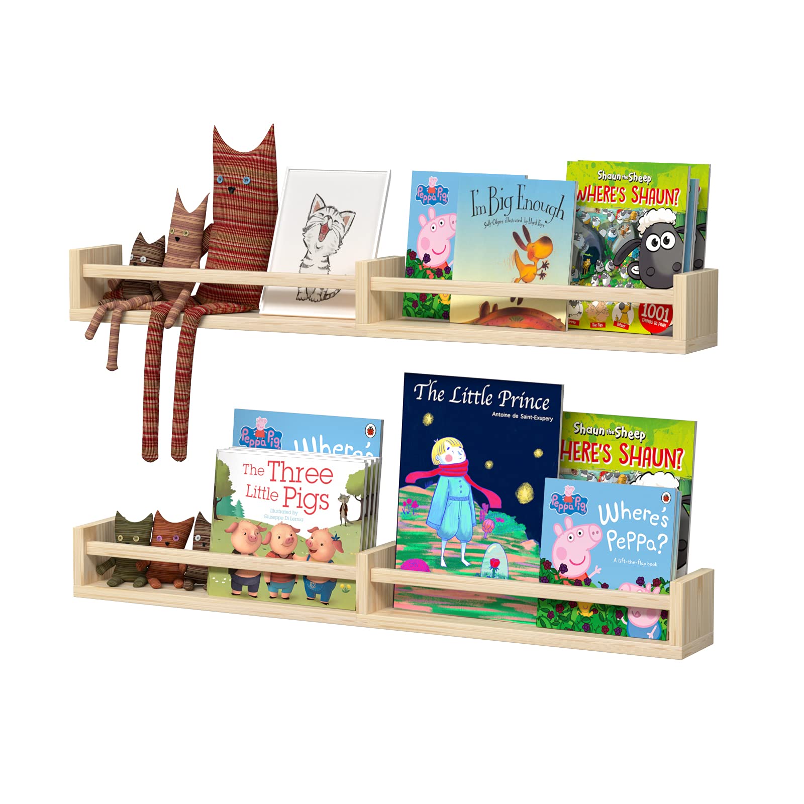 Classic Nursery Shelves, Set of 2 Natural Wood Floating Book Shelves for Kids Room, Wall Shelves for Bathroom Decor, Kitchen Spice Rack, Book Shelf - WoodArtSupply