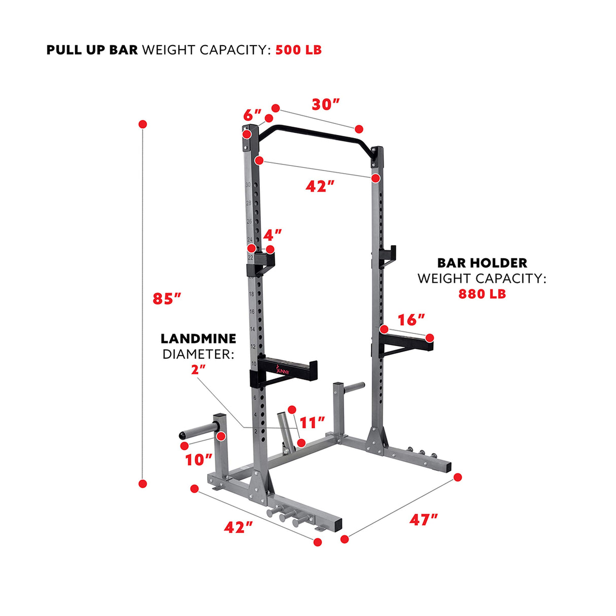 Sunny Health & Fitness Power and Squat Rack with High Weight Capacity, Olympic Weight Plate Storage and 360° Swivel Landmine and Power Band Sunny Health & Fitness