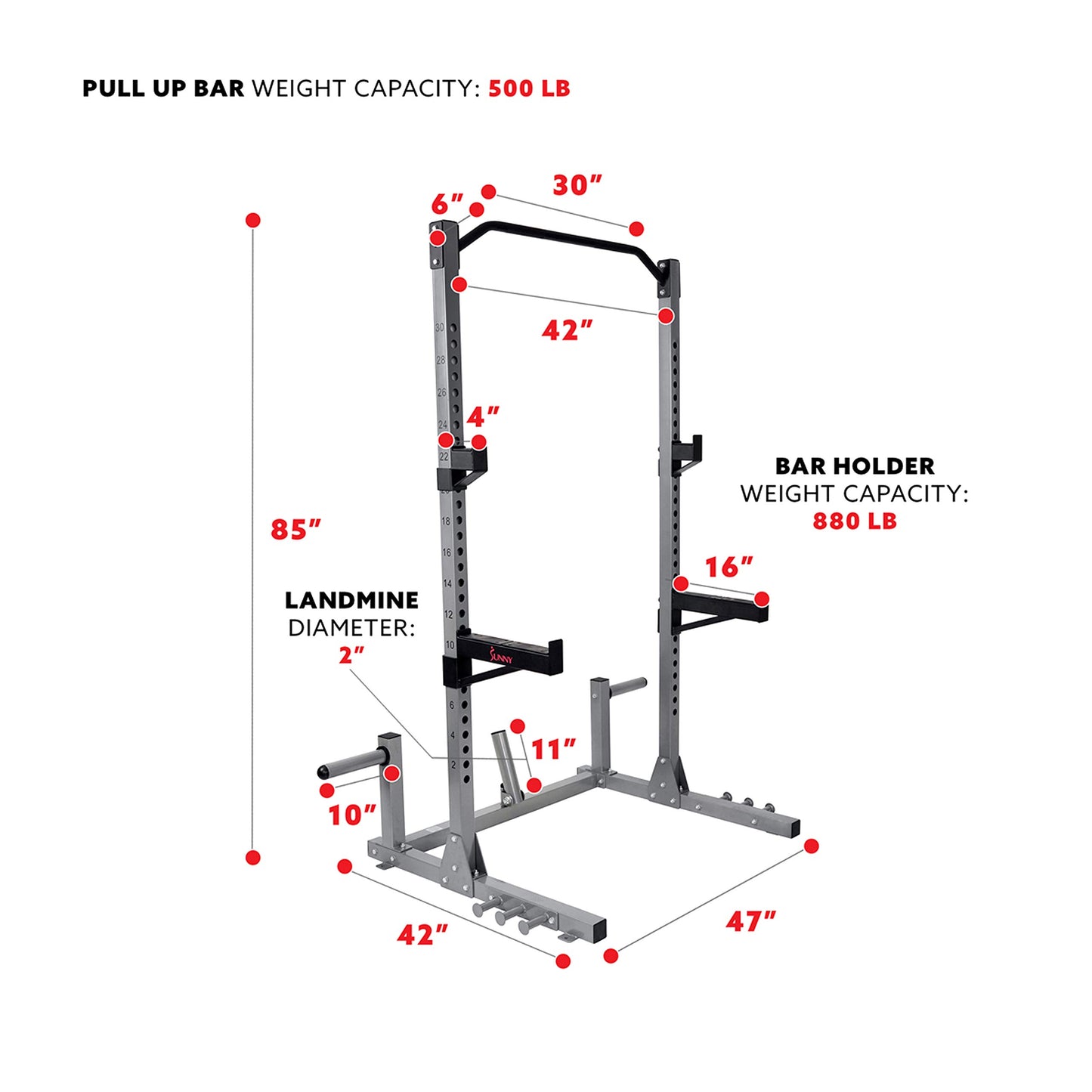 Sunny Health & Fitness Power and Squat Rack with High Weight Capacity, Olympic Weight Plate Storage and 360° Swivel Landmine and Power Band - WoodArtSupply