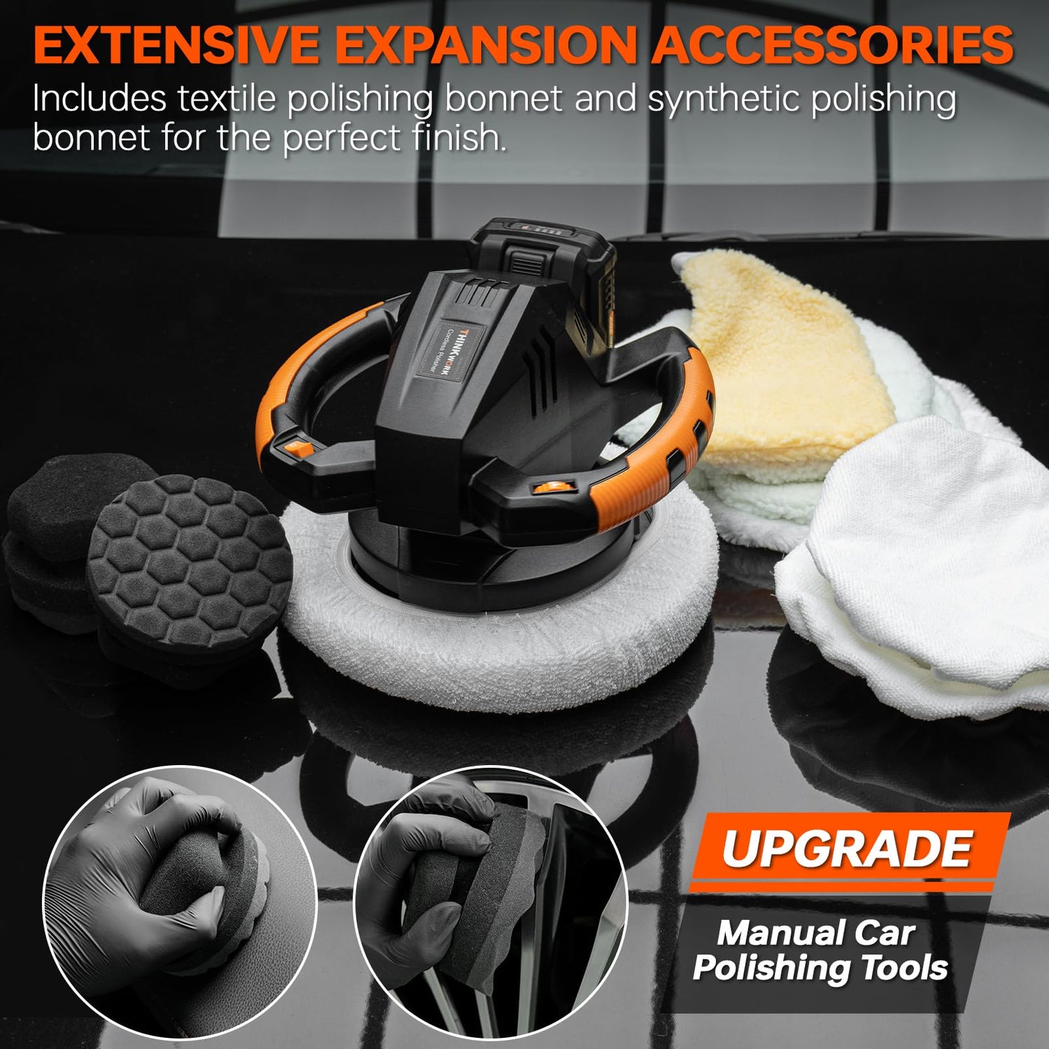 THINKWORK Buffer Polisher, 20V Cordless Buffer Polisher, 10 Inch Portable Polishing Machine Kit for Car, with 2Ah Rechargeable Battery, 6 Variable THINKWORK