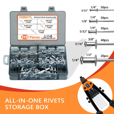 FOREVTL Rivet Gun - Pop Rivet Gun Kit with 210 Rivets (3/32", 1/8", 5/32", 3/16", 1/4'') and 5 Nosepieces, Full Metal 13" Large Heavy Duty Manual FOREVTL