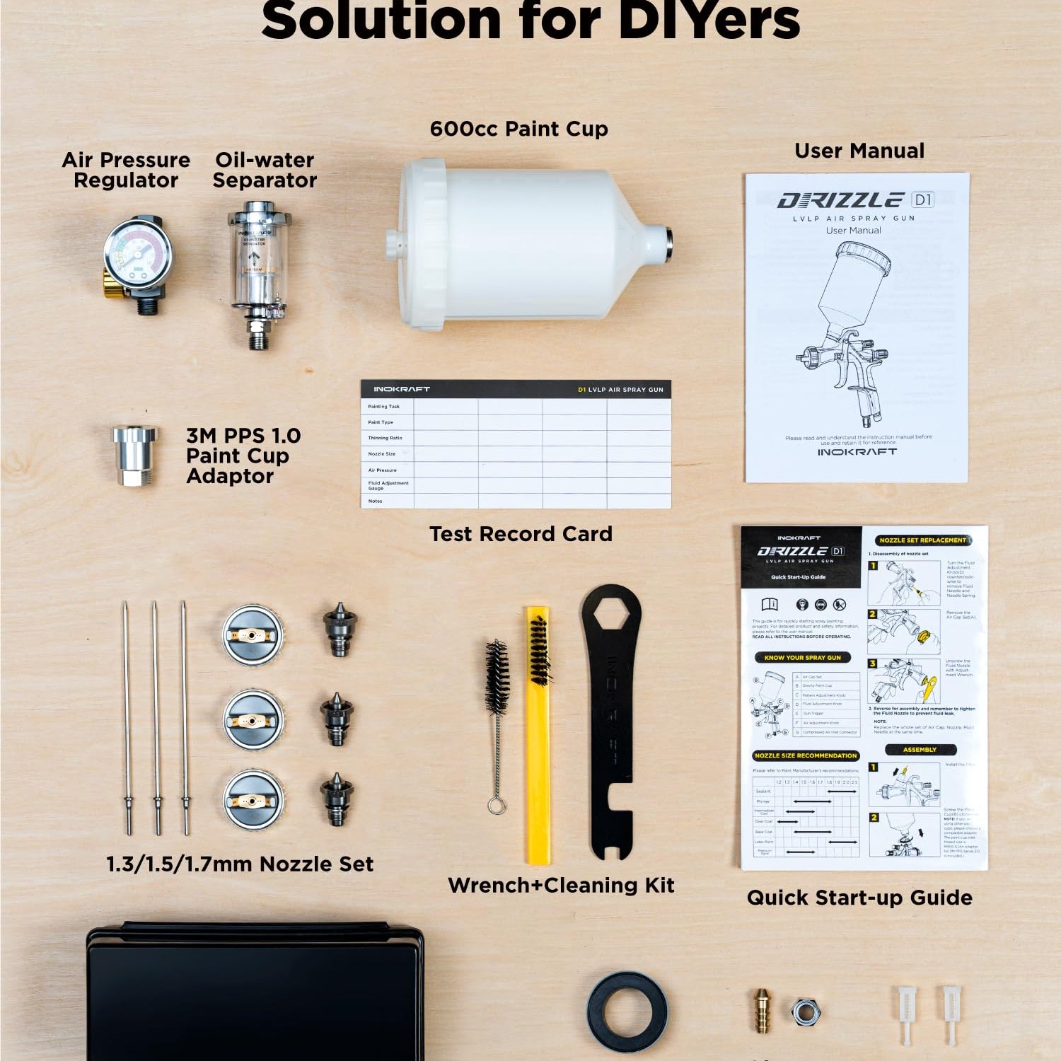 InoKraft D1 LVLP Air Spray Gun Premium Kit, Easy to Use, Paint Gun for Cars & House DIY Painting, 1.3/1.5/1.7mm Nozzles, with Paint Sprayer InoKraft