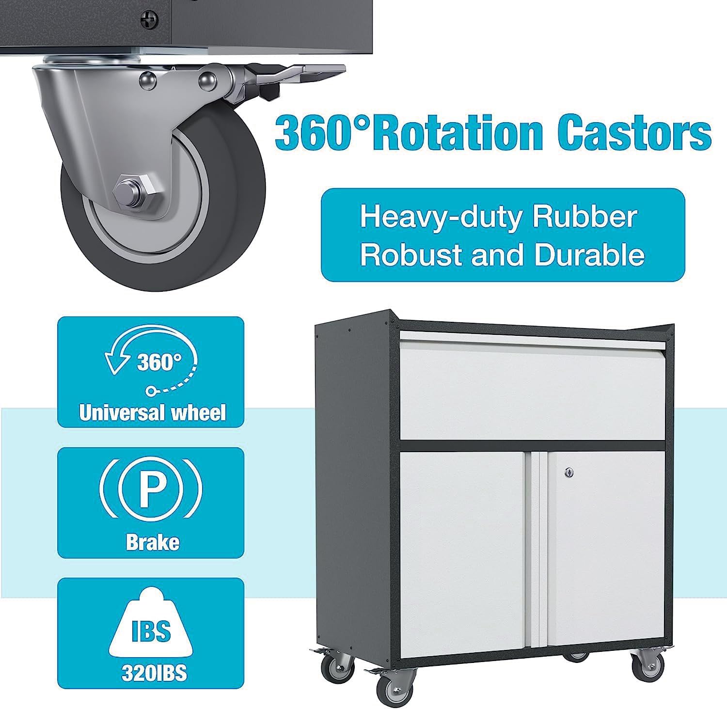 Waqiv Rolling Garage Storage Cabinet with Door and Drawer, Lockable Metal Tool Cabinet on Wheels for Garage, Home, Office, Black & Gray, Assembly Waqiv