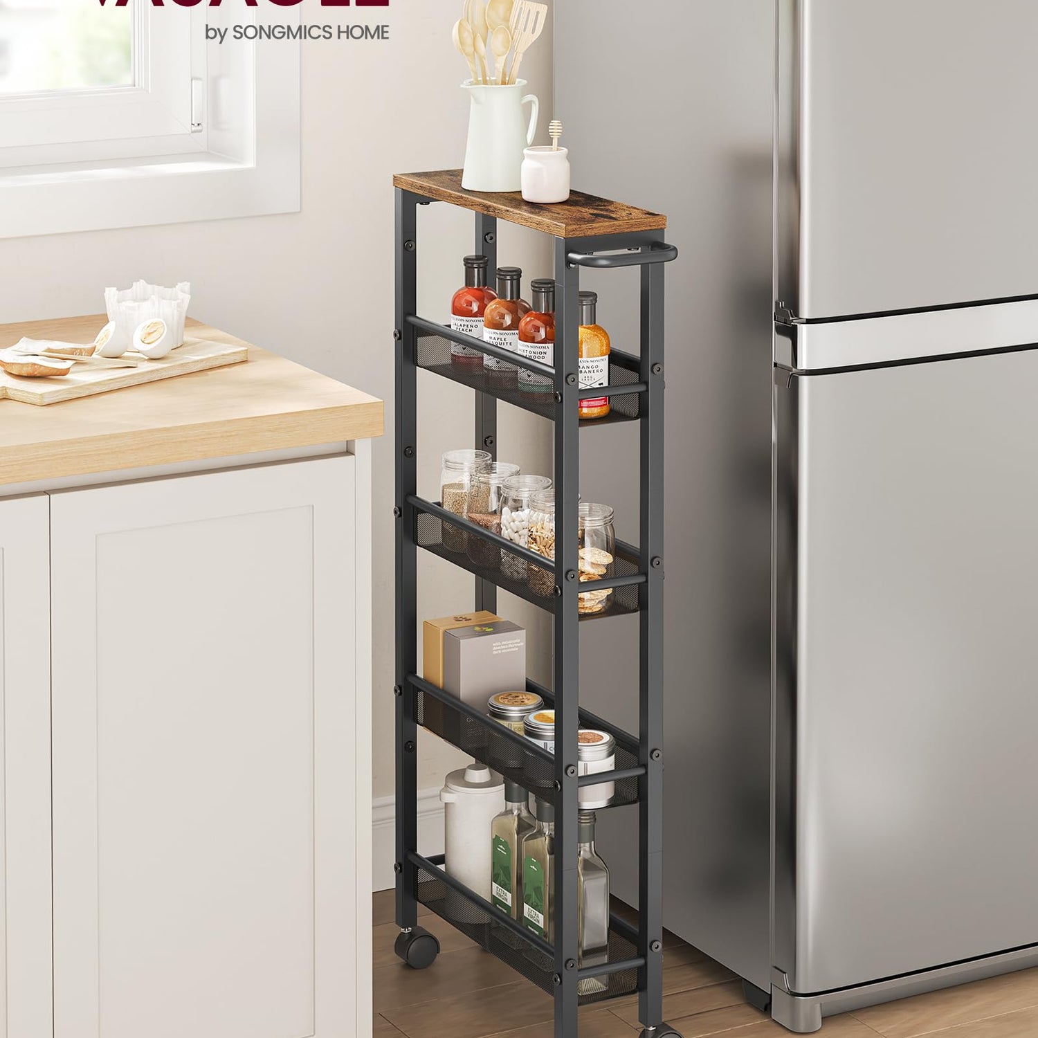 VASAGLE Slim Rolling Cart, 5-Tier Storage Cart, Narrow Cart with Handle, 5.1 Inches Deep, Metal Frame, for Kitchen, Dining Room, Living Room, Home VASAGLE