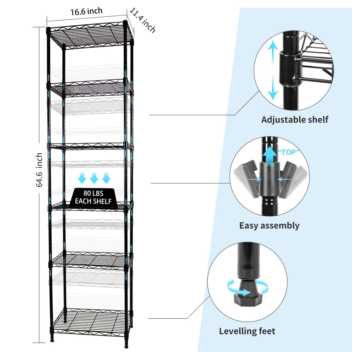 SUNLPH 6-Tier Wire Shelving Adjustable Shelves Unit Metal Storage Rack for Laundry Bathroom Kitchen Pantry Closet Organization (Black, 16.6" L x SUNLPH