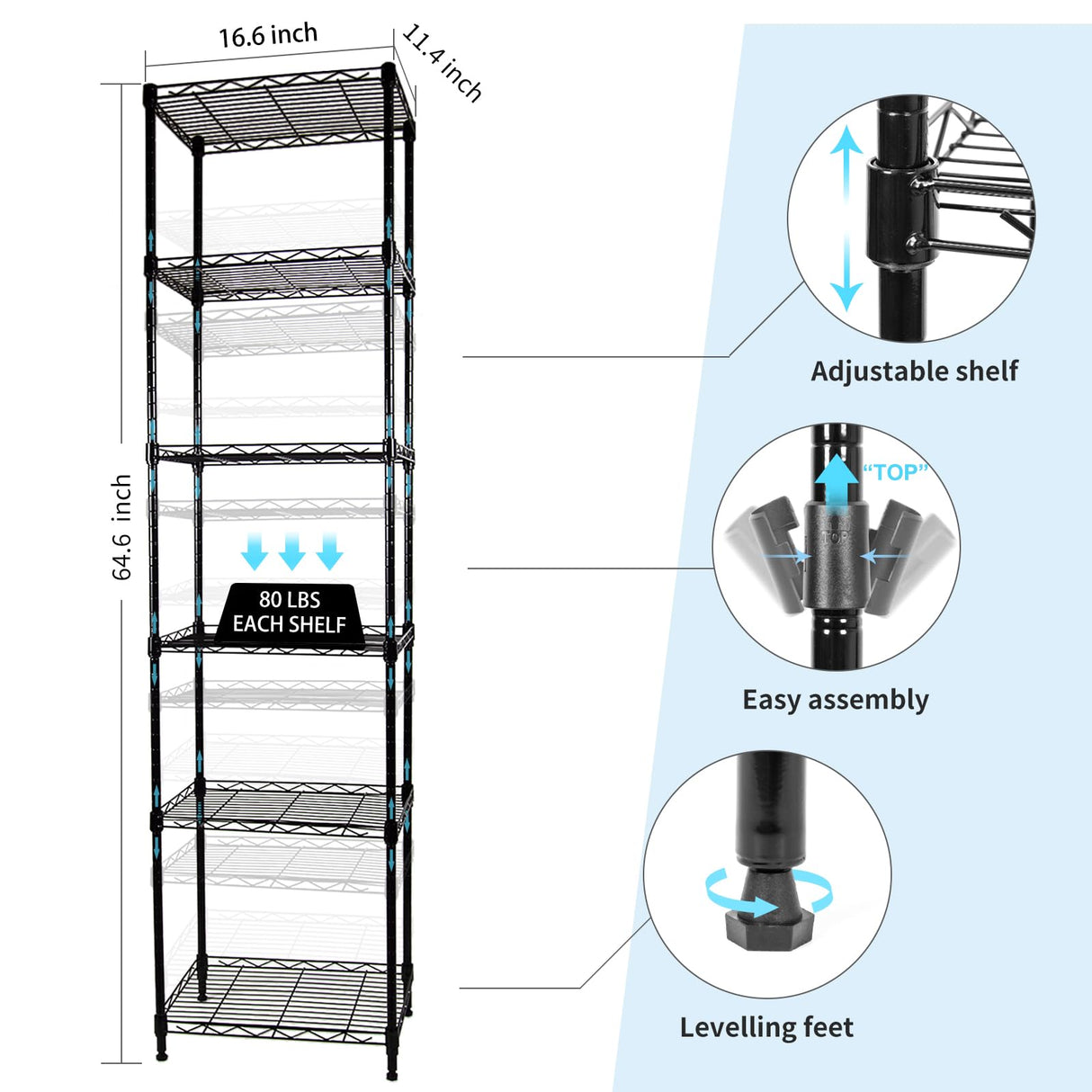 SUNLPH 6-Tier Wire Shelving Adjustable Shelves Unit Metal Storage Rack for Laundry Bathroom Kitchen Pantry Closet Organization (Black, 16.6" L x SUNLPH